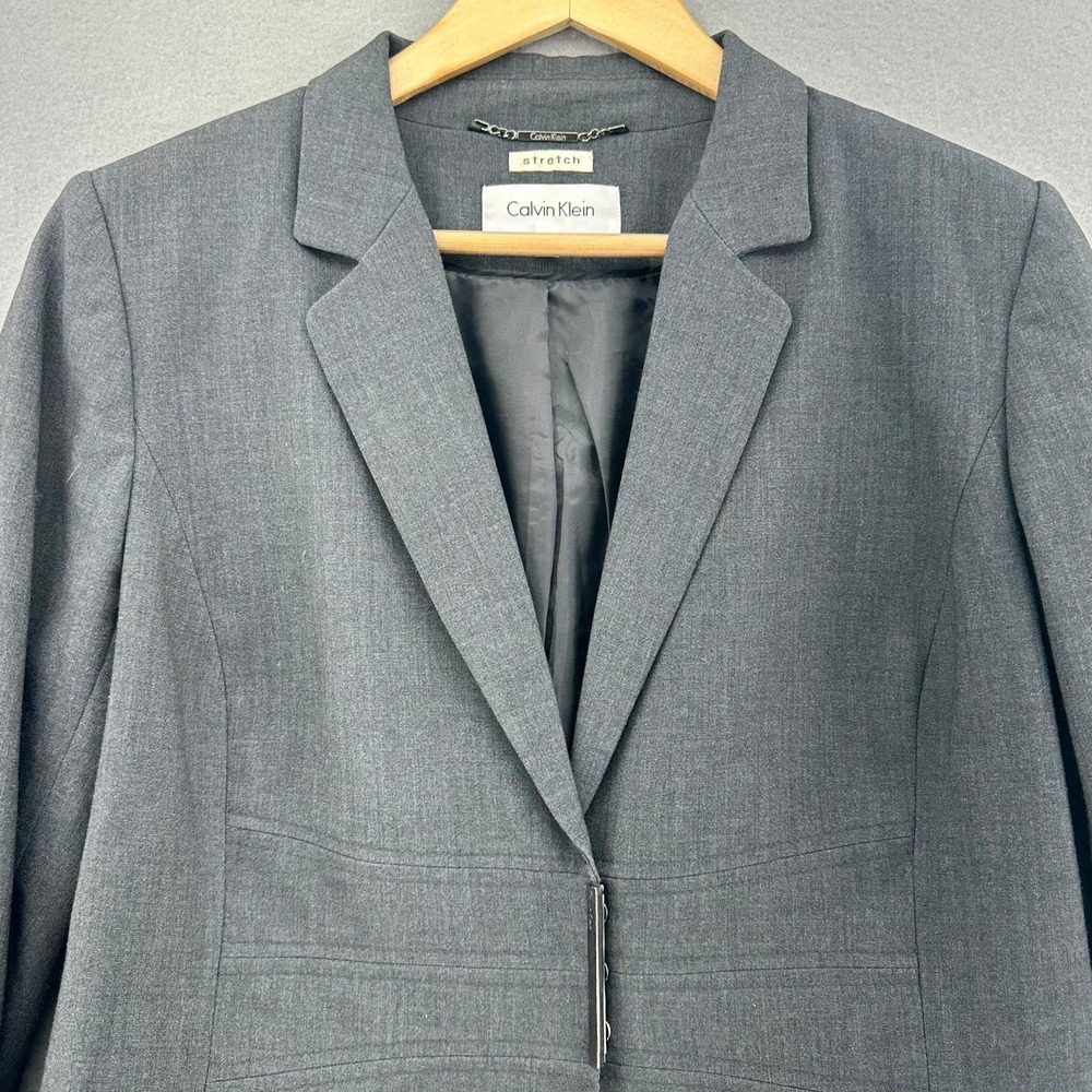 Calvin Klein Grey Stretch Blazer Jacket Womens 12 Fitted Metal Snap Close Career